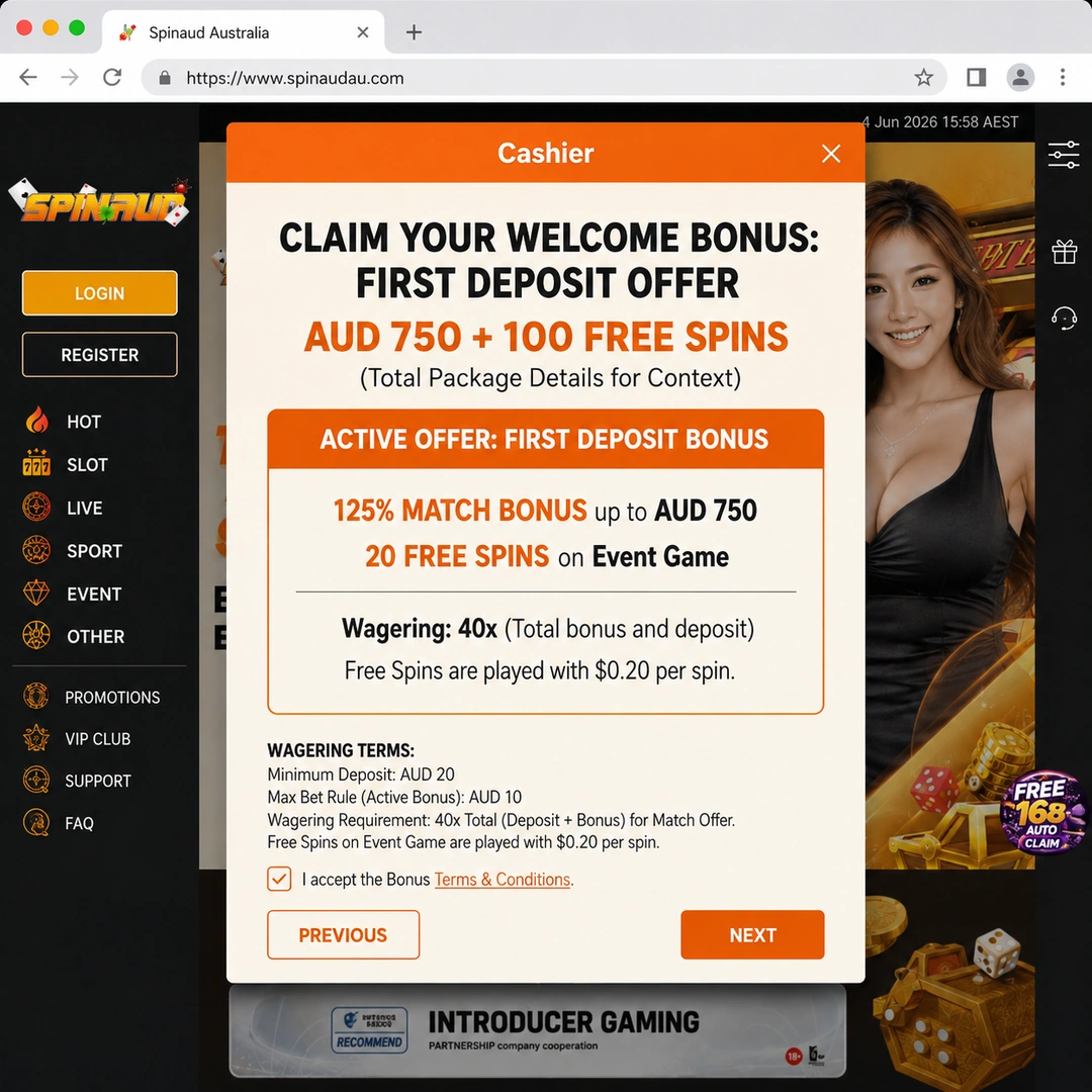 Spinaud cashier showing the first-deposit 125 percent match up to A$1,500 with 20 zero-wager free spins on Dragon Pearls, 35x wagering terms at the foot.