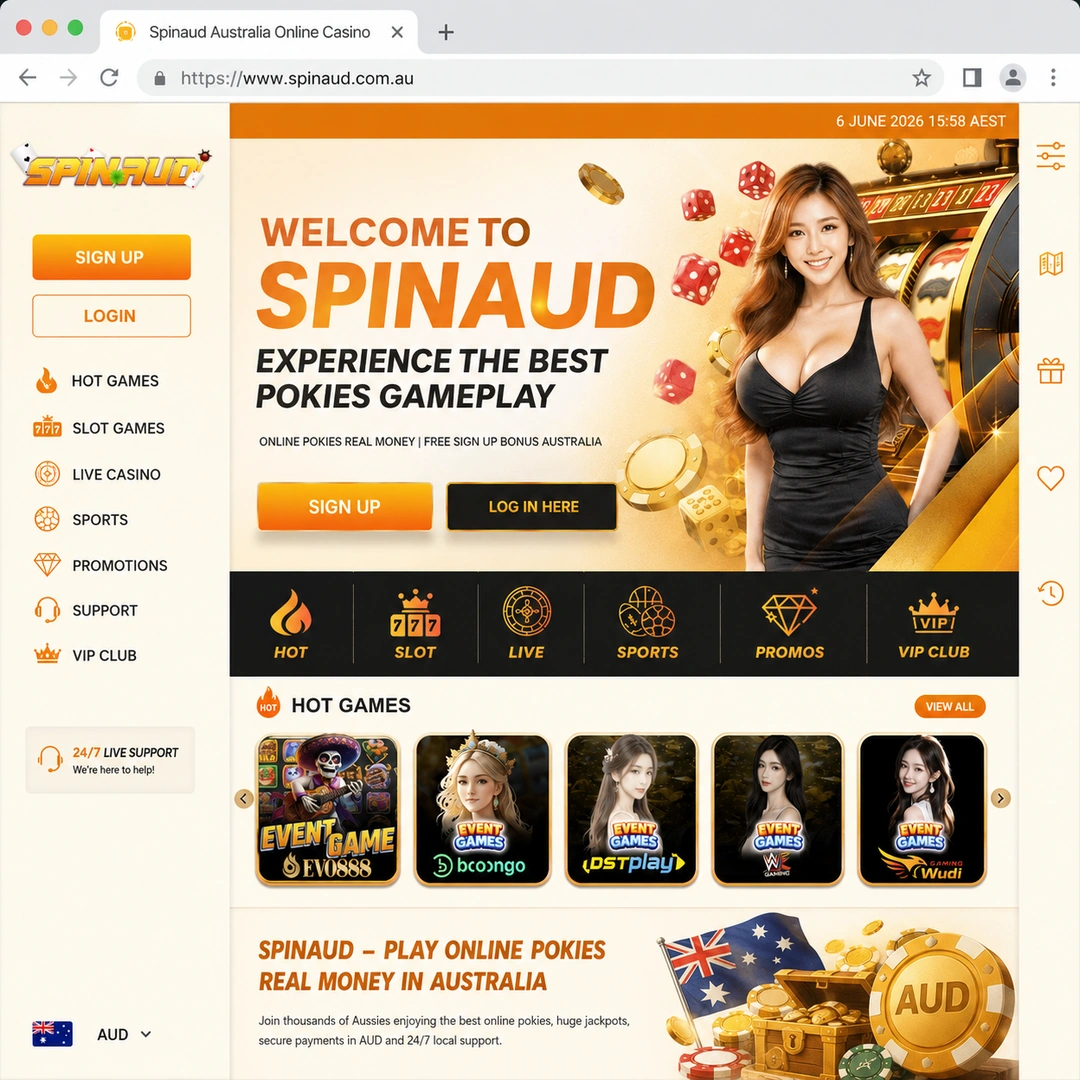 Spinaud Casino homepage open in Chrome on 15 June 2026, showing the A$900 three-deposit welcome banner and the main navigation.