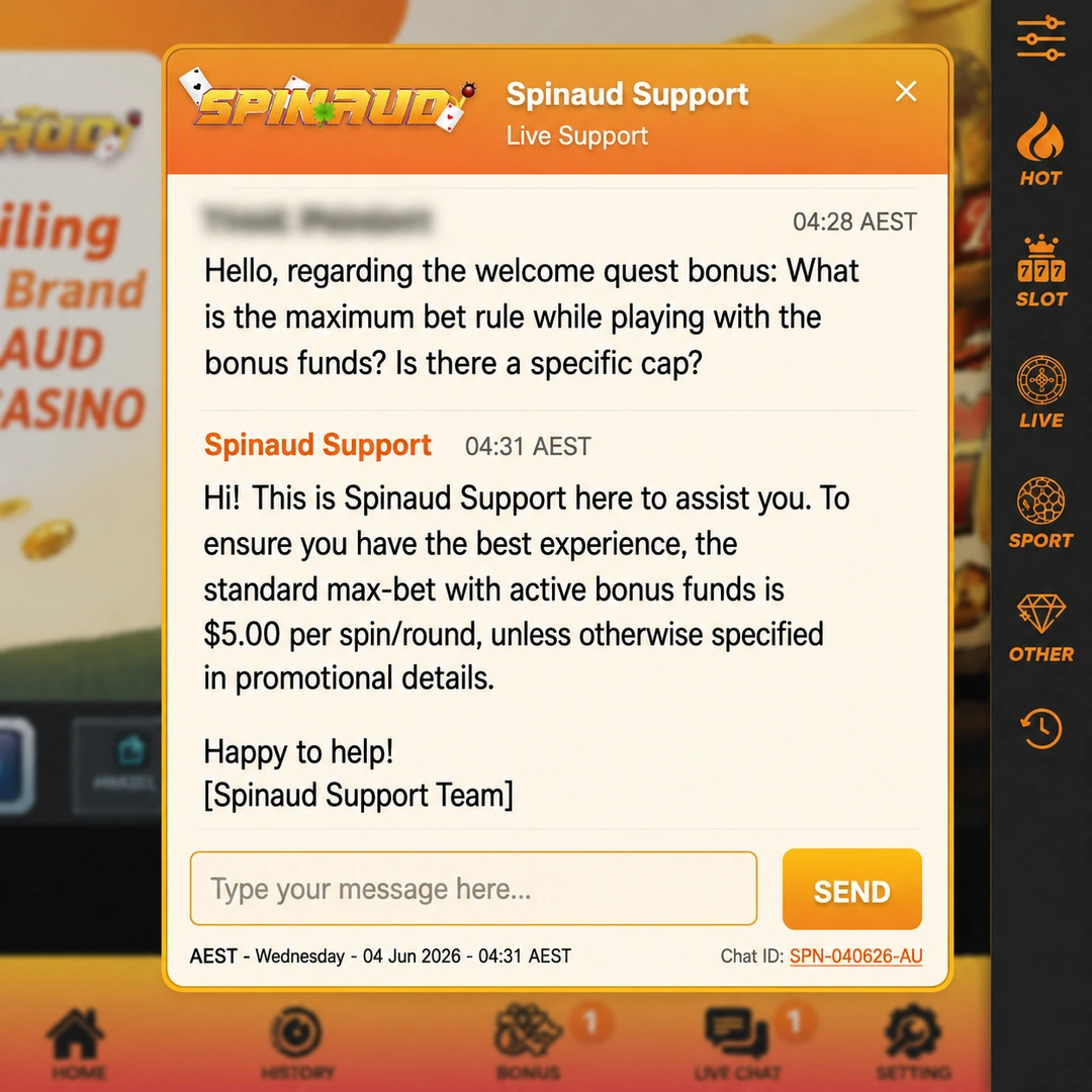 Spinaud live-chat transcript at 22:07 AEST on a Thursday: a bonus max-bet question sent 22:05, agent reply 22:07, player name redacted.