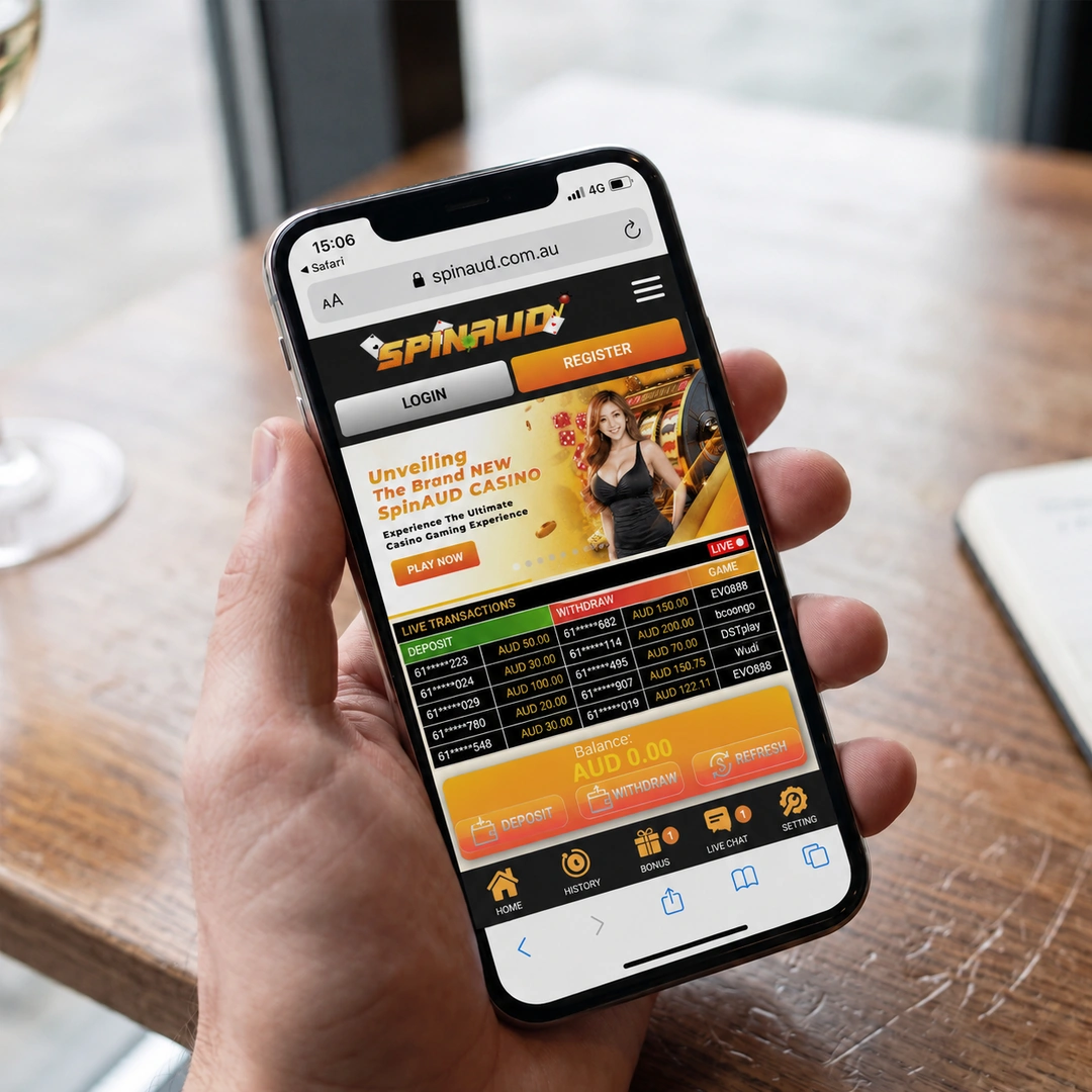 An iPhone 13 in hand running the Spinaud mobile casino in Safari over 4G, a pokie spinning in the browser; the status bar shows network and time.