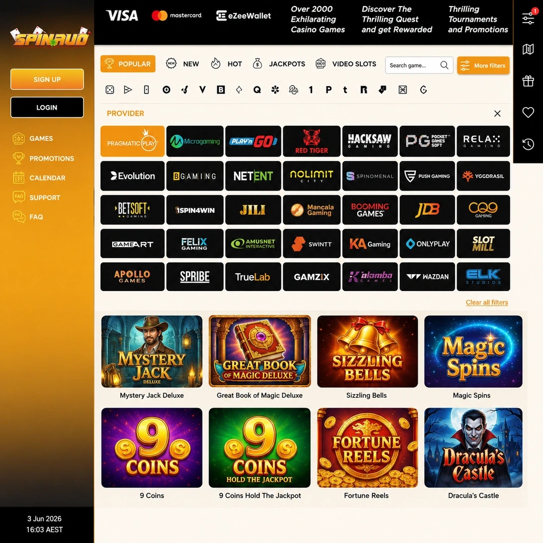 Spinaud pokies lobby with the provider filter open.