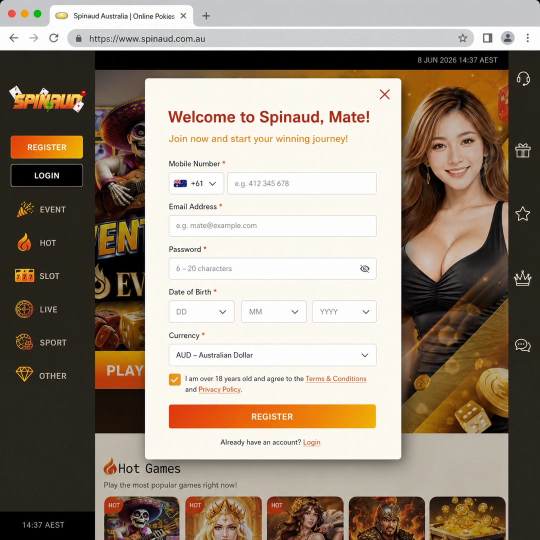 Spinaud sign-up form with AUD as base currency and the 18+ age confirmation checkbox; personal data fields redacted.